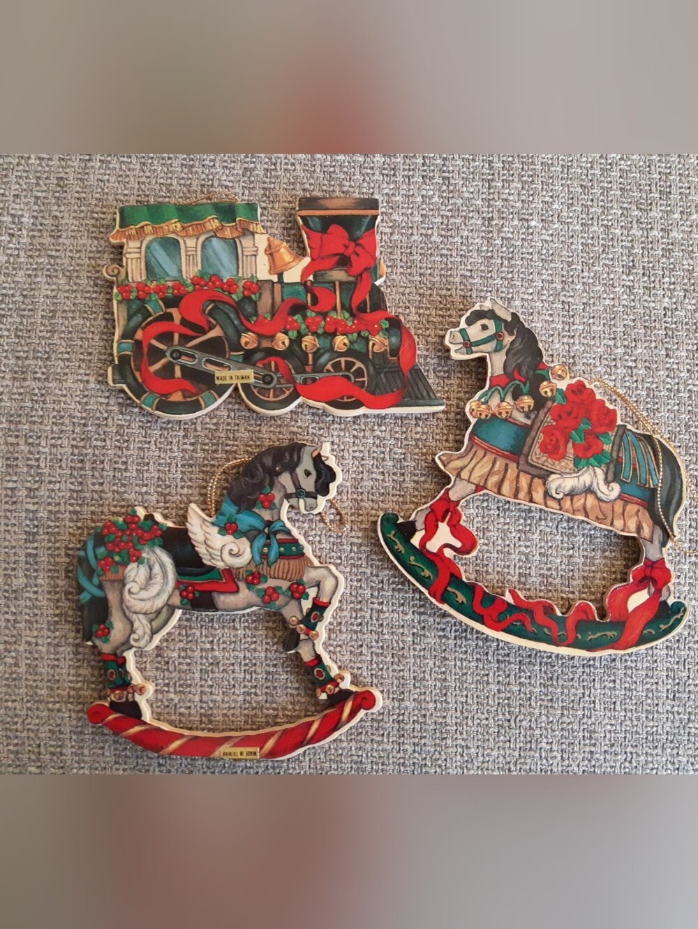 Vintage Wooden Holiday Train and Rocking Horse Ornaments - Set of 3 together